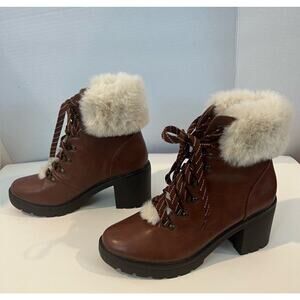 ESPRIT Women's Ember Brown Leather Faux Cream Fur Trim Lug Sole Booties Size 9.5